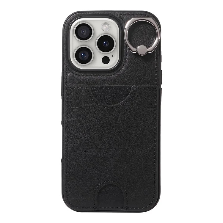 006 For iPhone 16 Pro Case Anti-Drop Leather + TPU Phone Cover Card Slot Ring Kickstand