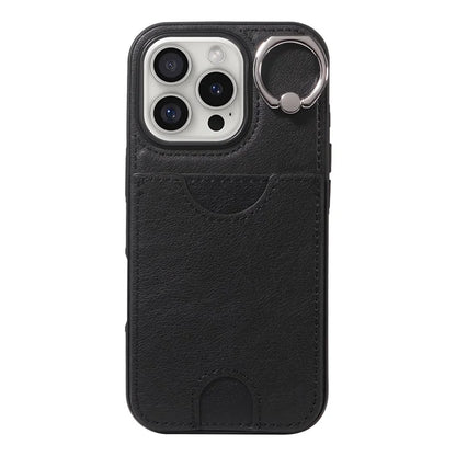 006 For iPhone 16 Pro Case Anti-Drop Leather + TPU Phone Cover Card Slot Ring Kickstand