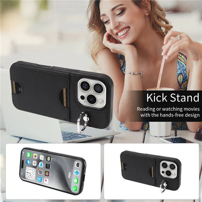 006 For iPhone 16 Pro Case Anti-Drop Leather + TPU Phone Cover Card Slot Ring Kickstand
