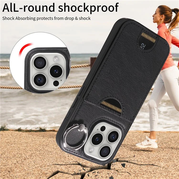 006 For iPhone 16 Pro Case Anti-Drop Leather + TPU Phone Cover Card Slot Ring Kickstand