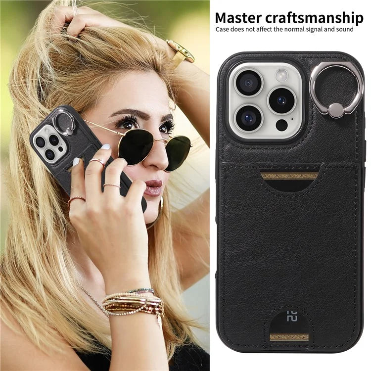 006 For iPhone 16 Pro Case Anti-Drop Leather + TPU Phone Cover Card Slot Ring Kickstand