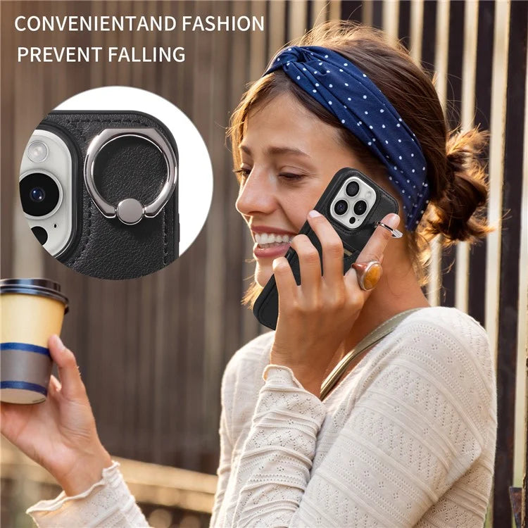 006 For iPhone 16 Pro Case Anti-Drop Leather + TPU Phone Cover Card Slot Ring Kickstand