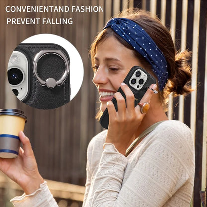 006 For iPhone 16 Pro Case Anti-Drop Leather + TPU Phone Cover Card Slot Ring Kickstand