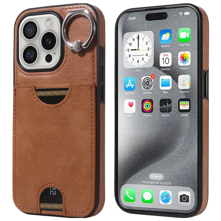 006 For iPhone 16 Pro Case Anti-Drop Leather + TPU Phone Cover Card Slot Ring Kickstand