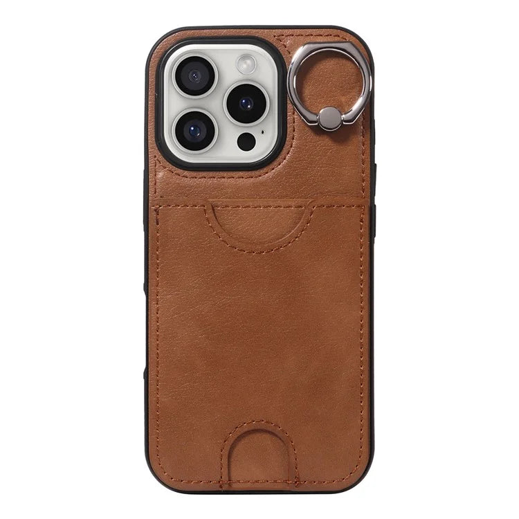 006 For iPhone 16 Pro Case Anti-Drop Leather + TPU Phone Cover Card Slot Ring Kickstand