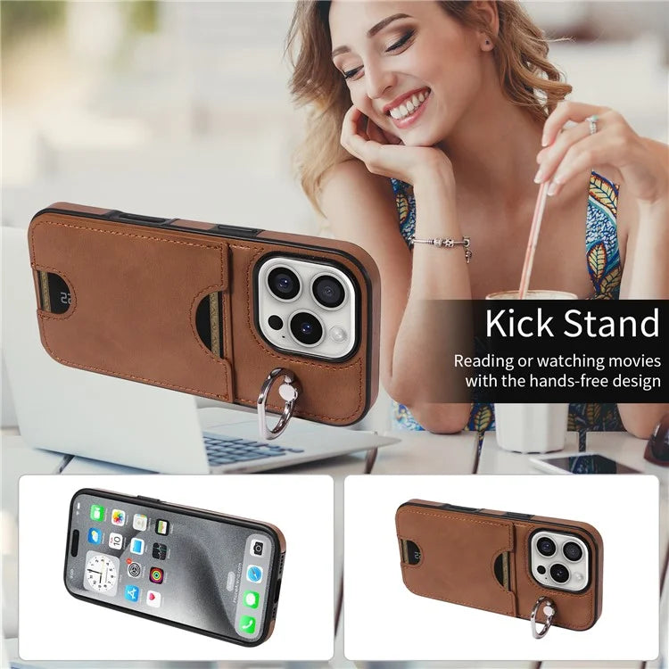 006 For iPhone 16 Pro Case Anti-Drop Leather + TPU Phone Cover Card Slot Ring Kickstand