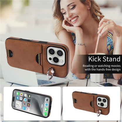 006 For iPhone 16 Pro Case Anti-Drop Leather + TPU Phone Cover Card Slot Ring Kickstand