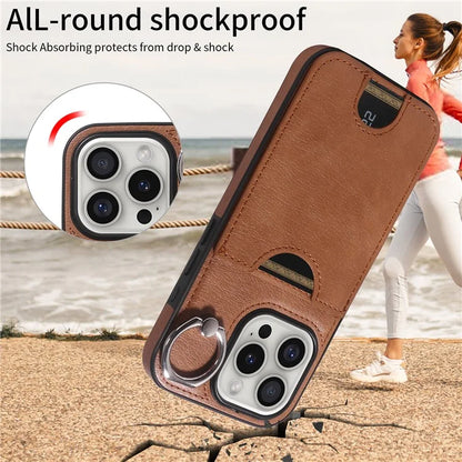 006 For iPhone 16 Pro Case Anti-Drop Leather + TPU Phone Cover Card Slot Ring Kickstand