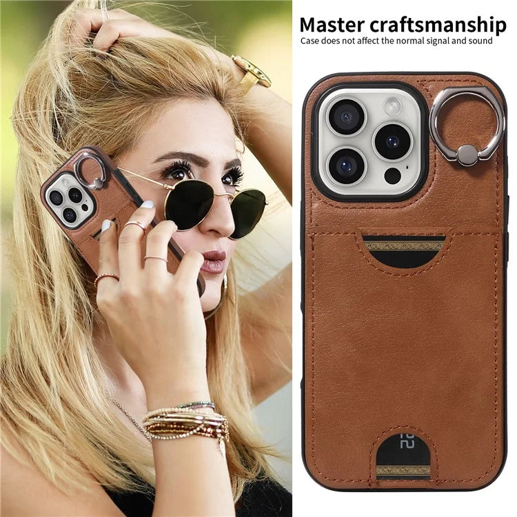 006 For iPhone 16 Pro Case Anti-Drop Leather + TPU Phone Cover Card Slot Ring Kickstand