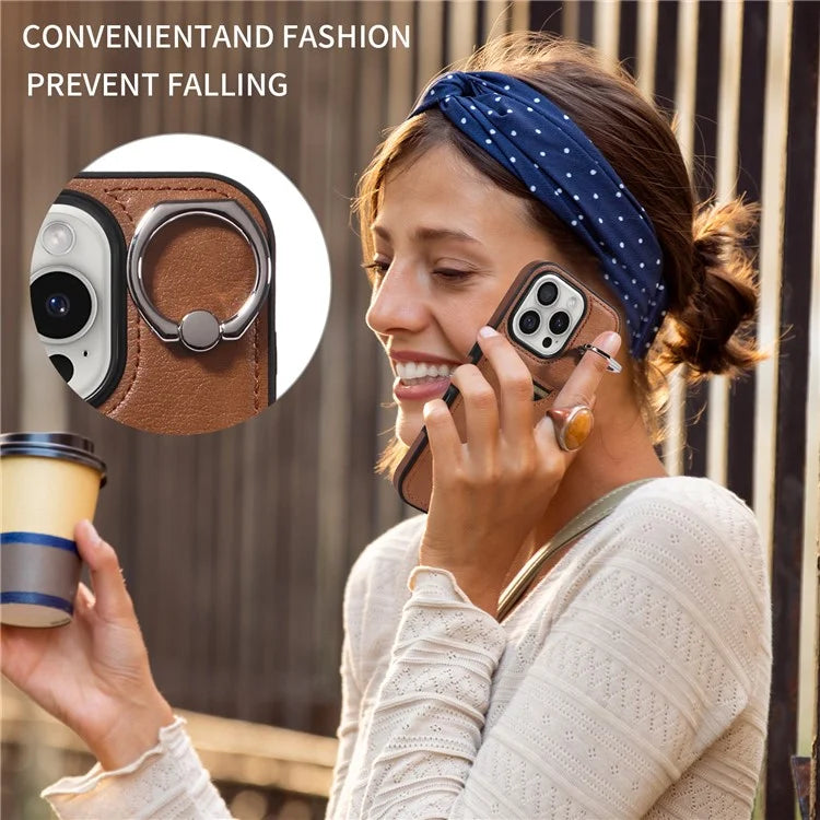 006 For iPhone 16 Pro Case Anti-Drop Leather + TPU Phone Cover Card Slot Ring Kickstand