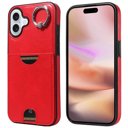006 For iPhone 16 Plus Case Anti-Drop Leather + TPU Phone Cover Card Slot Ring Kickstand