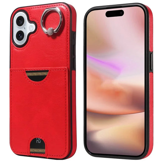 006 For iPhone 16 Plus Case Anti-Drop Leather + TPU Phone Cover Card Slot Ring Kickstand