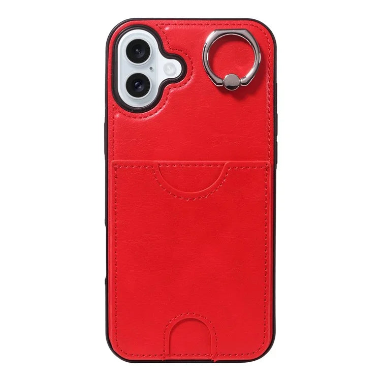 006 For iPhone 16 Plus Case Anti-Drop Leather + TPU Phone Cover Card Slot Ring Kickstand
