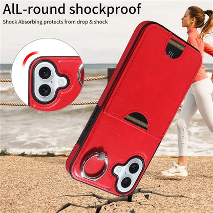 006 For iPhone 16 Plus Case Anti-Drop Leather + TPU Phone Cover Card Slot Ring Kickstand