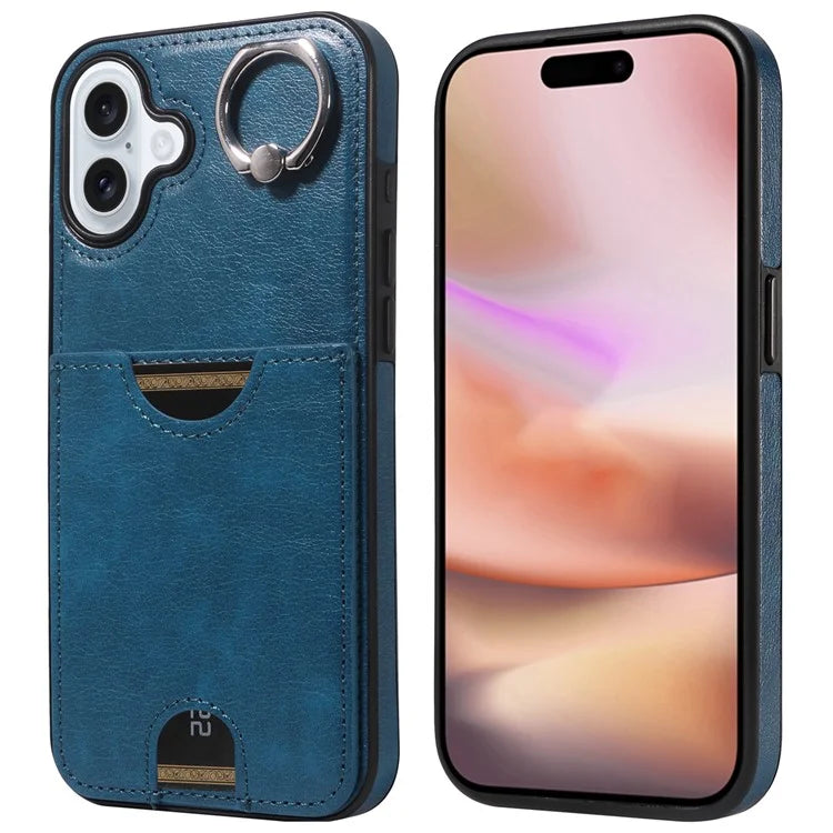 006 For iPhone 16 Plus Case Anti-Drop Leather + TPU Phone Cover Card Slot Ring Kickstand