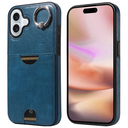 006 For iPhone 16 Plus Case Anti-Drop Leather + TPU Phone Cover Card Slot Ring Kickstand