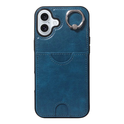 006 For iPhone 16 Plus Case Anti-Drop Leather + TPU Phone Cover Card Slot Ring Kickstand