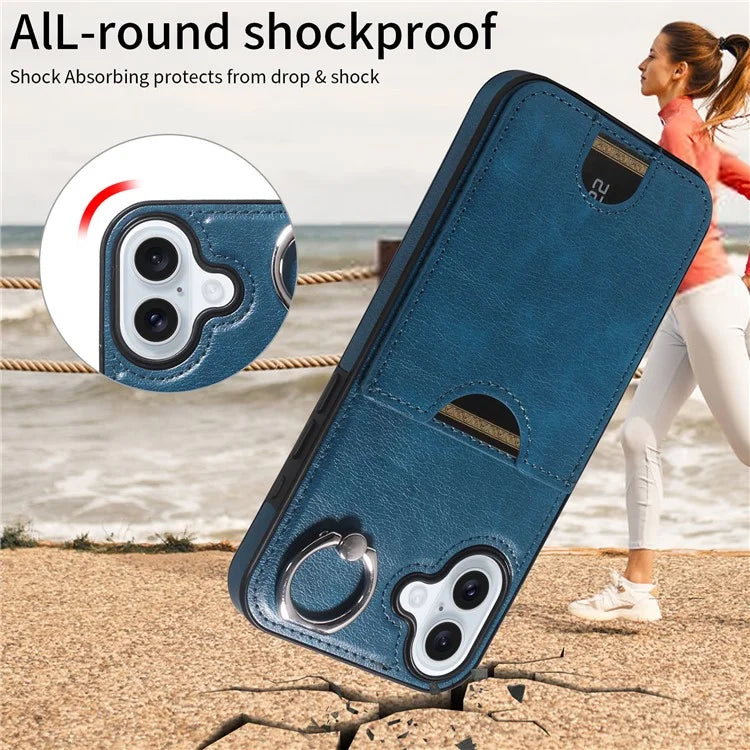 006 For iPhone 16 Plus Case Anti-Drop Leather + TPU Phone Cover Card Slot Ring Kickstand