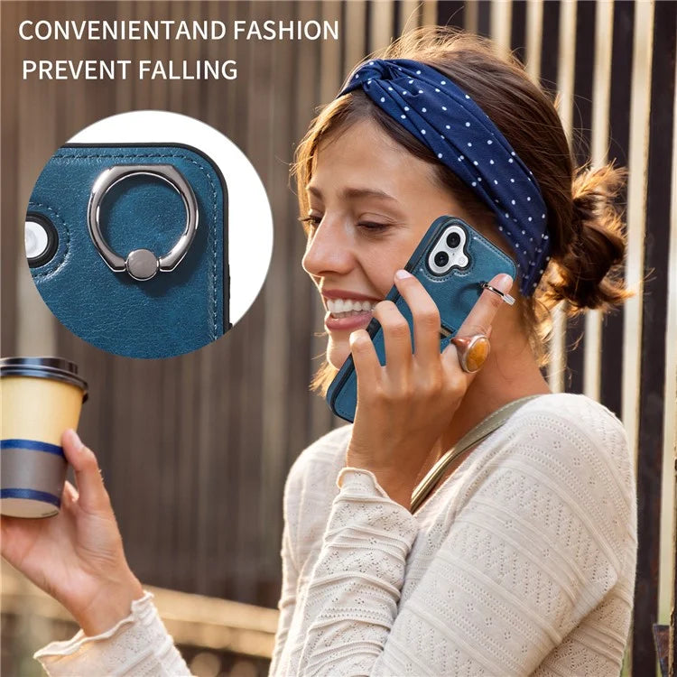 006 For iPhone 16 Plus Case Anti-Drop Leather + TPU Phone Cover Card Slot Ring Kickstand