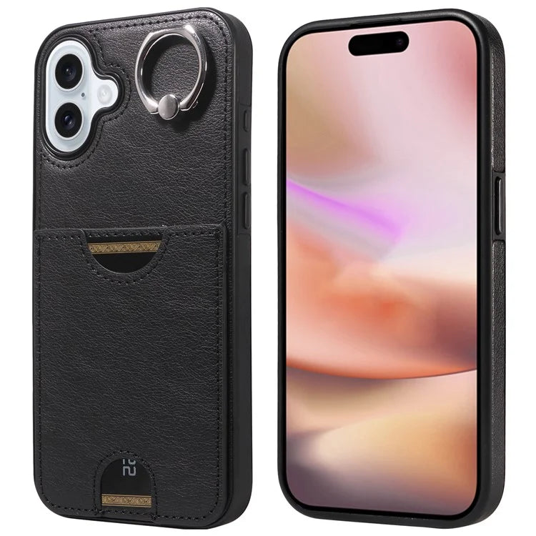 006 For iPhone 16 Plus Case Anti-Drop Leather + TPU Phone Cover Card Slot Ring Kickstand
