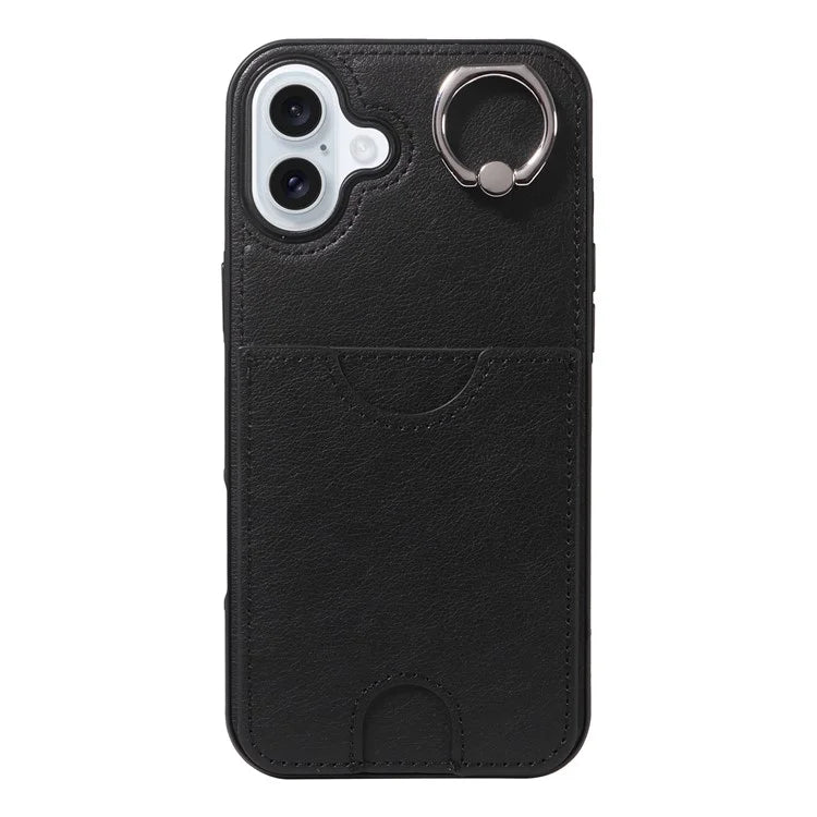 006 For iPhone 16 Plus Case Anti-Drop Leather + TPU Phone Cover Card Slot Ring Kickstand