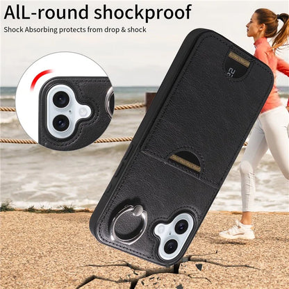 006 For iPhone 16 Plus Case Anti-Drop Leather + TPU Phone Cover Card Slot Ring Kickstand