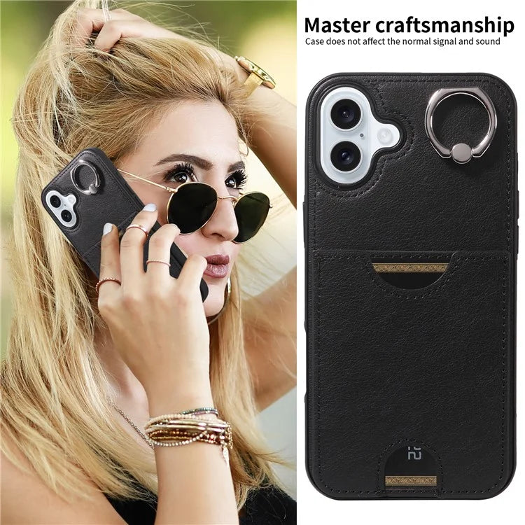 006 For iPhone 16 Plus Case Anti-Drop Leather + TPU Phone Cover Card Slot Ring Kickstand