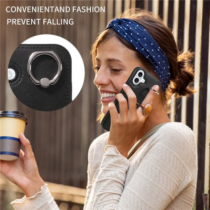 006 For iPhone 16 Plus Case Anti-Drop Leather + TPU Phone Cover Card Slot Ring Kickstand