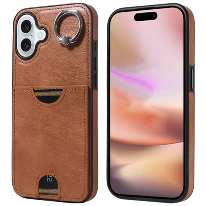 006 For iPhone 16 Plus Case Anti-Drop Leather + TPU Phone Cover Card Slot Ring Kickstand