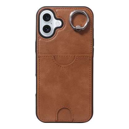 006 For iPhone 16 Plus Case Anti-Drop Leather + TPU Phone Cover Card Slot Ring Kickstand