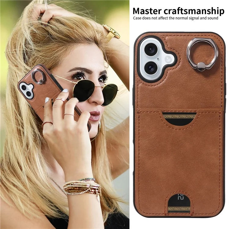 006 For iPhone 16 Plus Case Anti-Drop Leather + TPU Phone Cover Card Slot Ring Kickstand