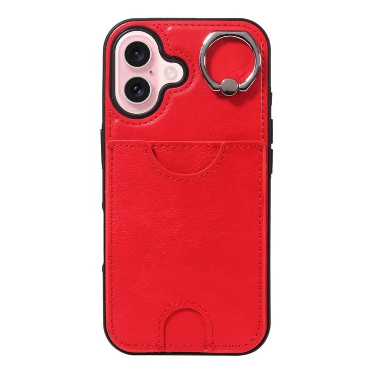006 For iPhone 16 Case Anti-Drop Leather + TPU Phone Cover Card Slot Ring Kickstand