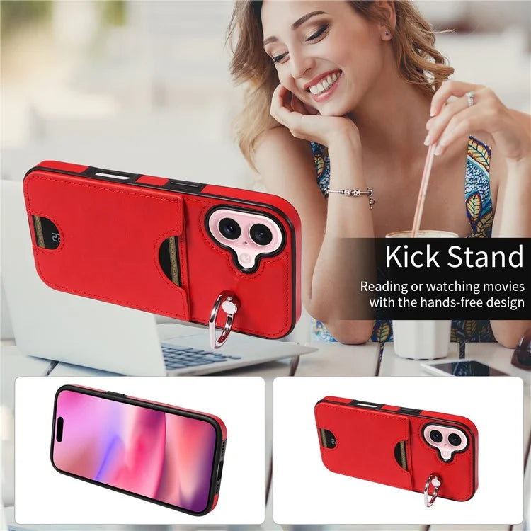 006 For iPhone 16 Case Anti-Drop Leather + TPU Phone Cover Card Slot Ring Kickstand