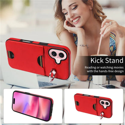 006 For iPhone 16 Case Anti-Drop Leather + TPU Phone Cover Card Slot Ring Kickstand