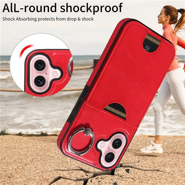 006 For iPhone 16 Case Anti-Drop Leather + TPU Phone Cover Card Slot Ring Kickstand