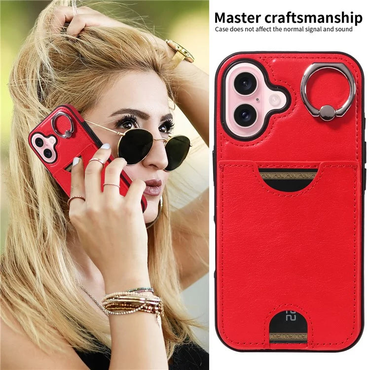 006 For iPhone 16 Case Anti-Drop Leather + TPU Phone Cover Card Slot Ring Kickstand