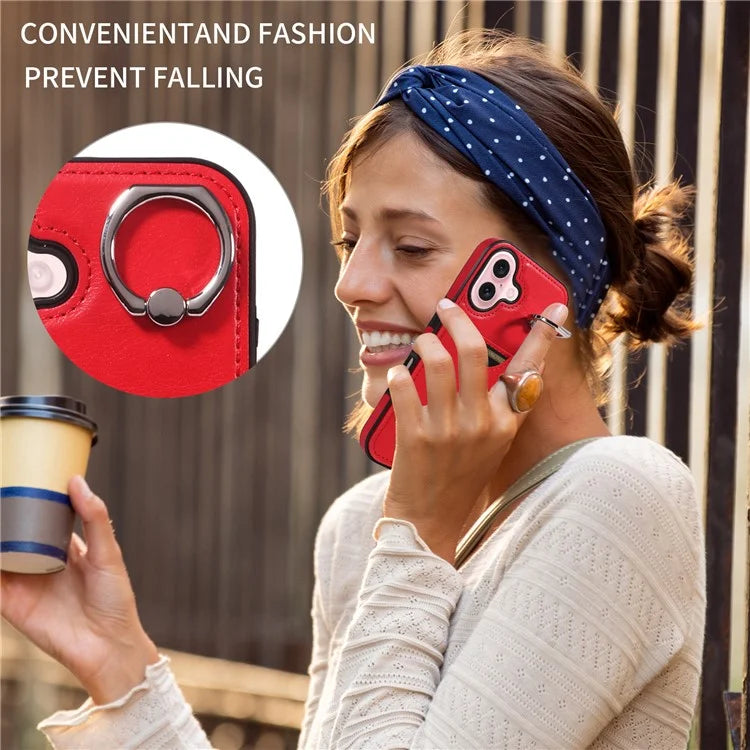 006 For iPhone 16 Case Anti-Drop Leather + TPU Phone Cover Card Slot Ring Kickstand