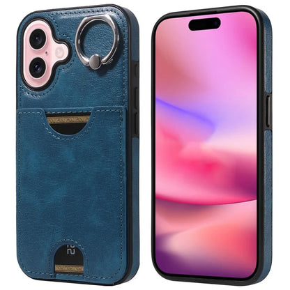 006 For iPhone 16 Case Anti-Drop Leather + TPU Phone Cover Card Slot Ring Kickstand