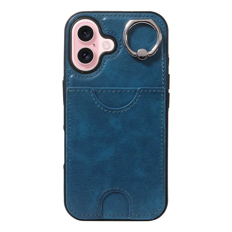 006 For iPhone 16 Case Anti-Drop Leather + TPU Phone Cover Card Slot Ring Kickstand