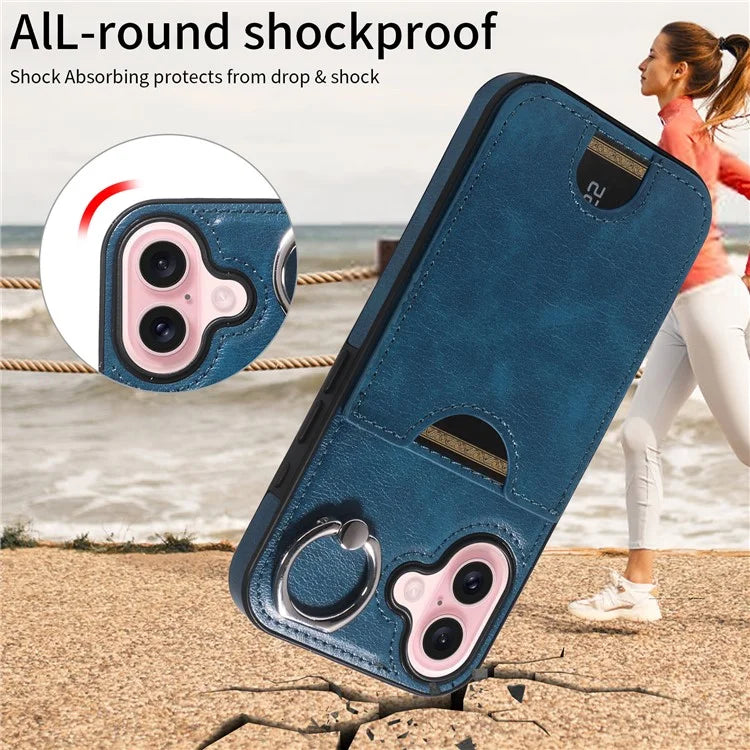 006 For iPhone 16 Case Anti-Drop Leather + TPU Phone Cover Card Slot Ring Kickstand