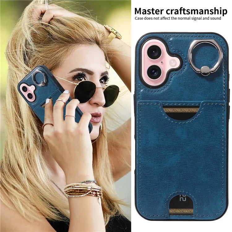 006 For iPhone 16 Case Anti-Drop Leather + TPU Phone Cover Card Slot Ring Kickstand