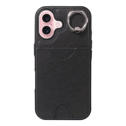 006 For iPhone 16 Case Anti-Drop Leather + TPU Phone Cover Card Slot Ring Kickstand