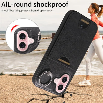 006 For iPhone 16 Case Anti-Drop Leather + TPU Phone Cover Card Slot Ring Kickstand