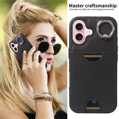 006 For iPhone 16 Case Anti-Drop Leather + TPU Phone Cover Card Slot Ring Kickstand