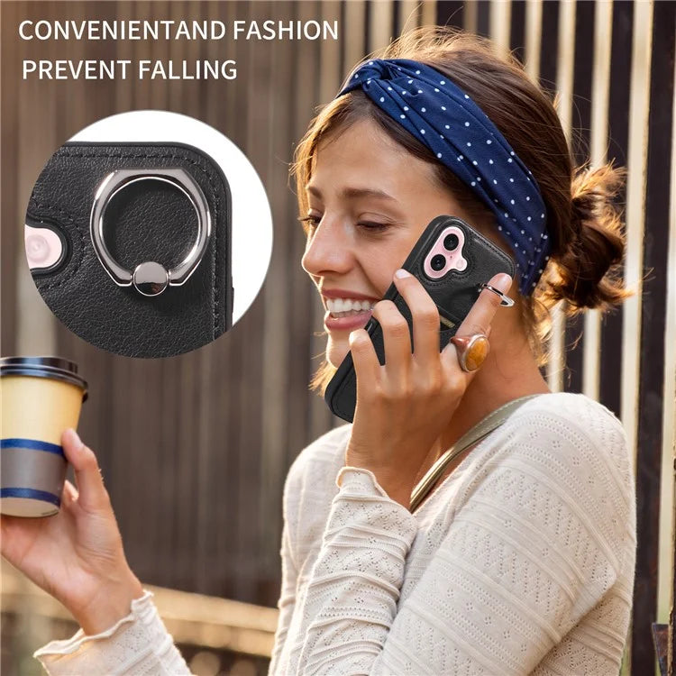 006 For iPhone 16 Case Anti-Drop Leather + TPU Phone Cover Card Slot Ring Kickstand