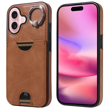 006 For iPhone 16 Case Anti-Drop Leather + TPU Phone Cover Card Slot Ring Kickstand