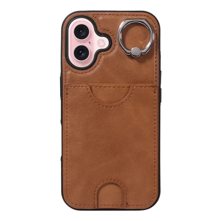 006 For iPhone 16 Case Anti-Drop Leather + TPU Phone Cover Card Slot Ring Kickstand