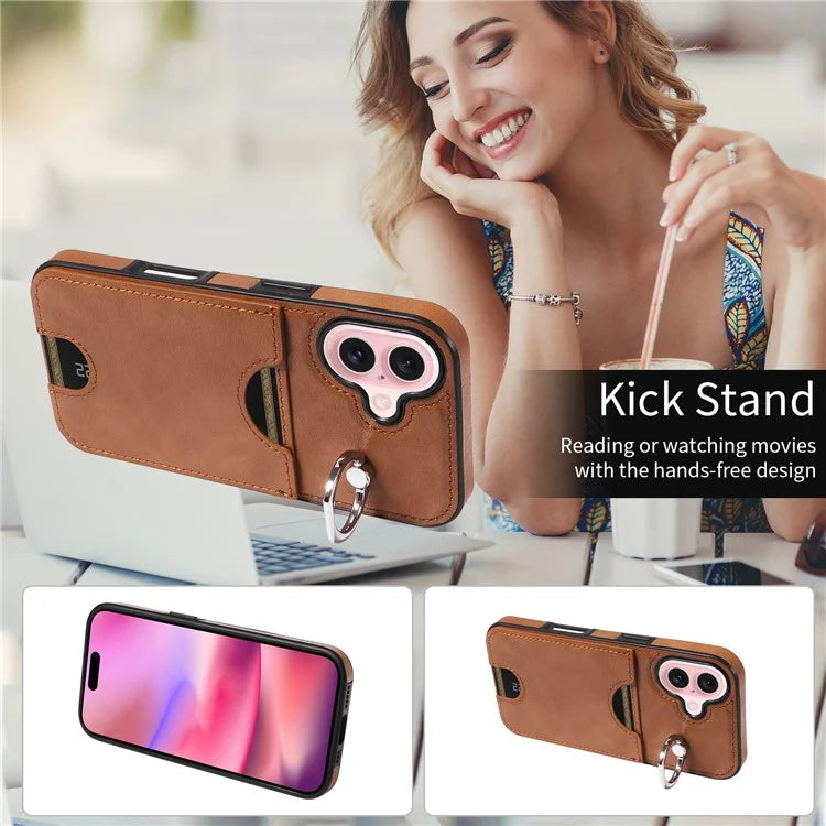 006 For iPhone 16 Case Anti-Drop Leather + TPU Phone Cover Card Slot Ring Kickstand
