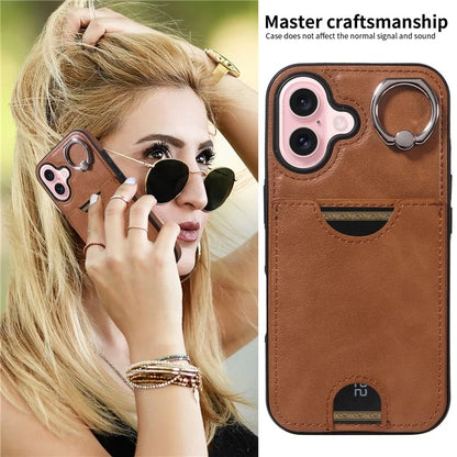 006 For iPhone 16 Case Anti-Drop Leather + TPU Phone Cover Card Slot Ring Kickstand