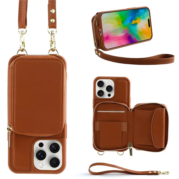 For iPhone 16 Pro Case RFID Blocking Zipper Wallet Leather Phone Cover with Straps